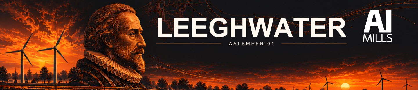 Leeghwater, Aalsmeer 01: een gegraveerd portret van Jan Leeghwater boven een oranje polderlandschap in de schemering, met windturbines aan de horizon