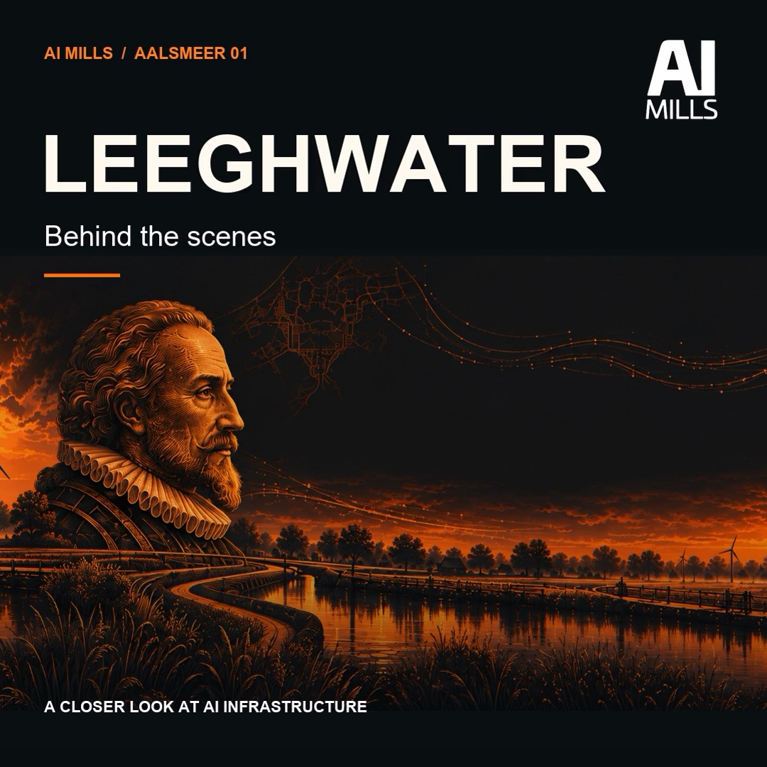Leeghwater, Aalsmeer 01, behind the scenes: an engraved portrait of Jan Leeghwater over an orange polder landscape at dusk, with wind turbines on the horizon
