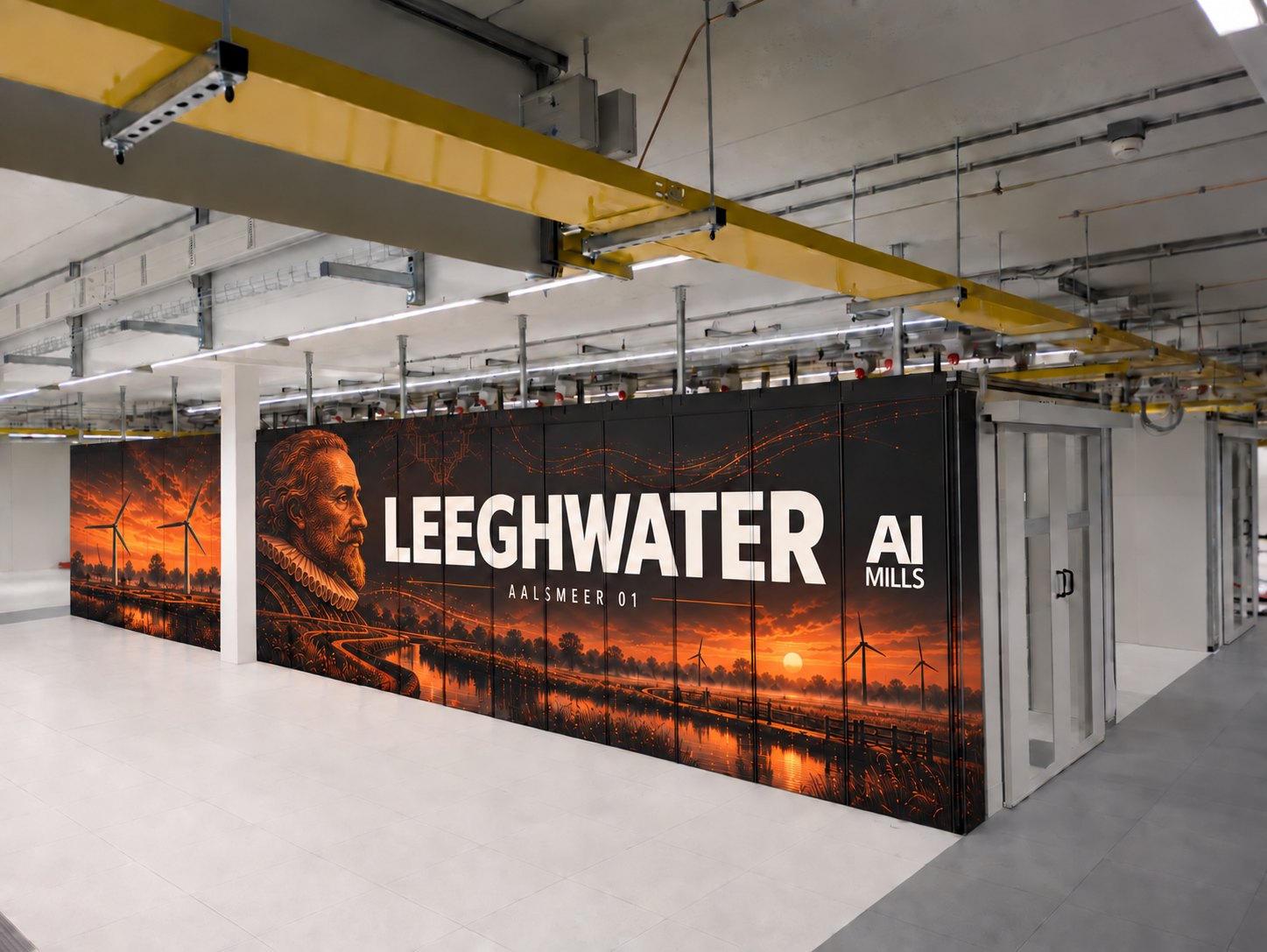 Design visualisation of the Leeghwater wall graphic on a row of server racks in a data hall: a portrait of Jan Leeghwater beside the word Leeghwater, Aalsmeer 01, over an orange polder landscape with wind turbines