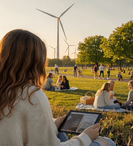 A woman with a tablet sitting in a sunny park, with people on the grass and wind turbines in the distance