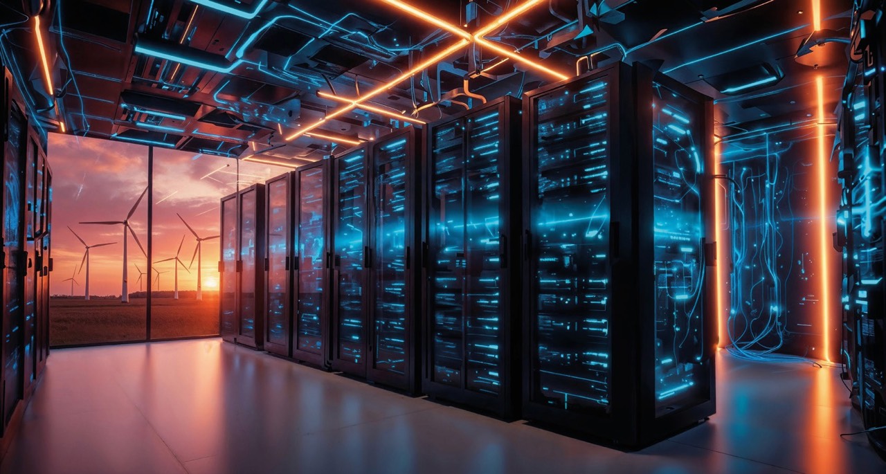 Server racks lit in blue in a data hall, with wind turbines at sunset visible through a window