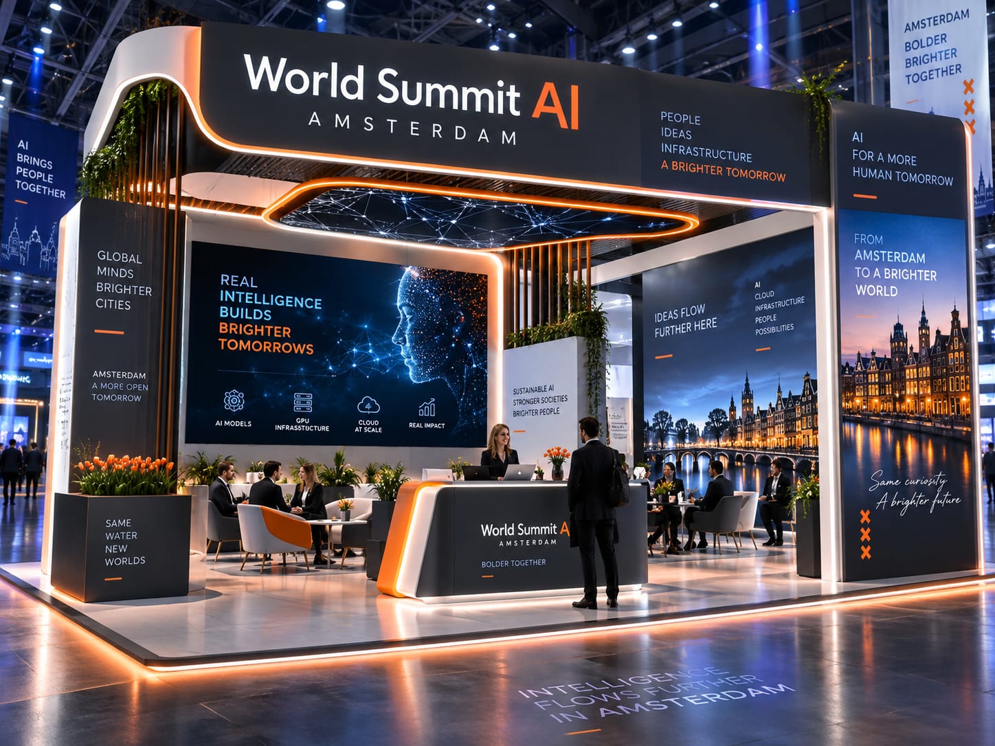 A stand in a conference hall, with screens showing AI Mills messaging and seating for meetings